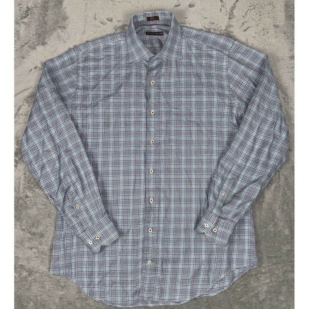 Peter Millar Long‎ Sleeve Button Shirt Mens Large Houndstooth Plaid - Picture 3 of 9